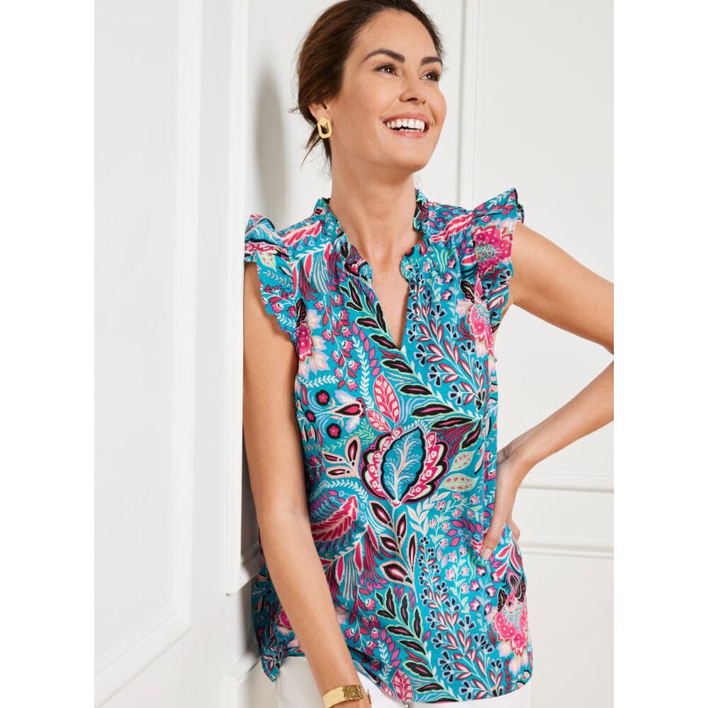 Talbots Womens M Blue Botanical Paisley Ruffle Trim Lightweight Shell Blouse NEW